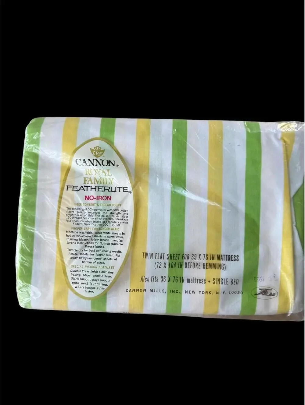 Vintage Cannon Royal Family Featherlite Twin Flat Sheet, Green Yellow Stripes